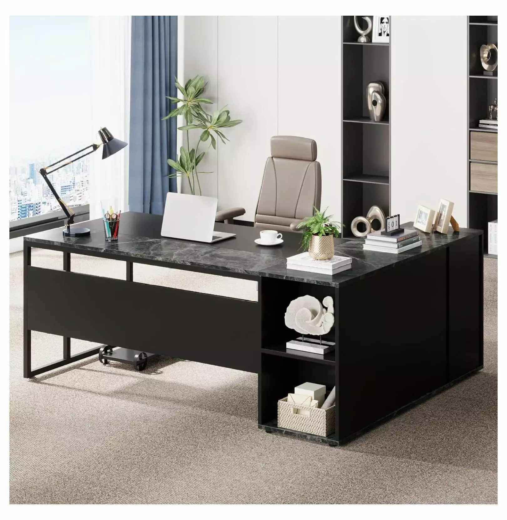 DazzAura 71 inch Executive Desk L Shaped Desk Cabinet Storage Executive Office Desk Shelves Business Furniture Desk Workst...
