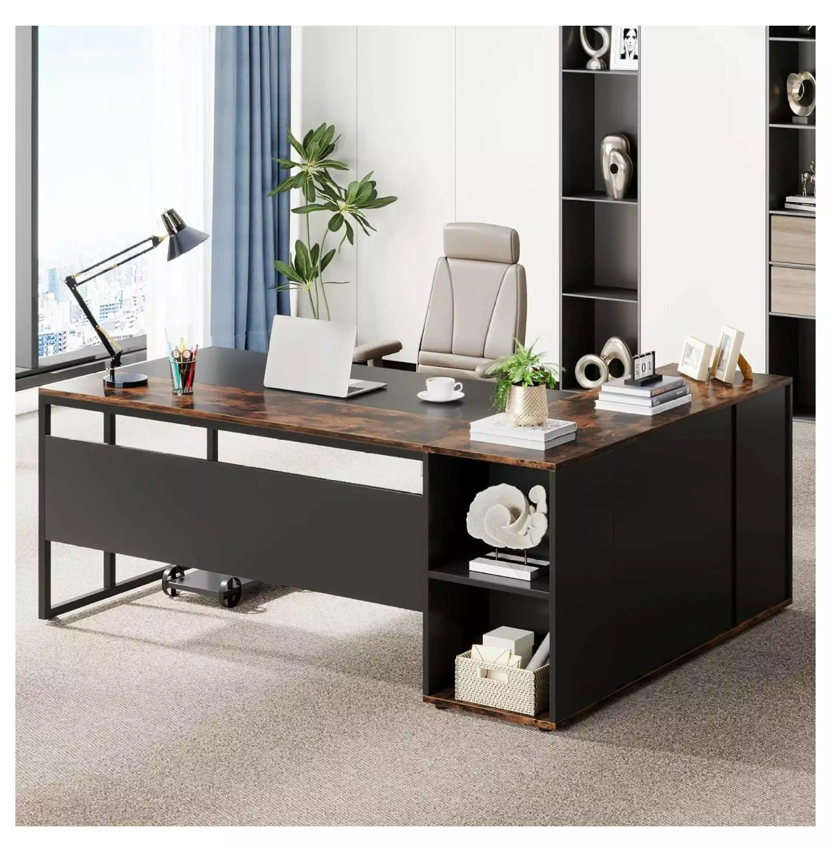 DazzAura 71 inch Executive Desk L Shaped Desk Cabinet Storage Executive Office Desk Shelves Business Furniture Desk Workst...