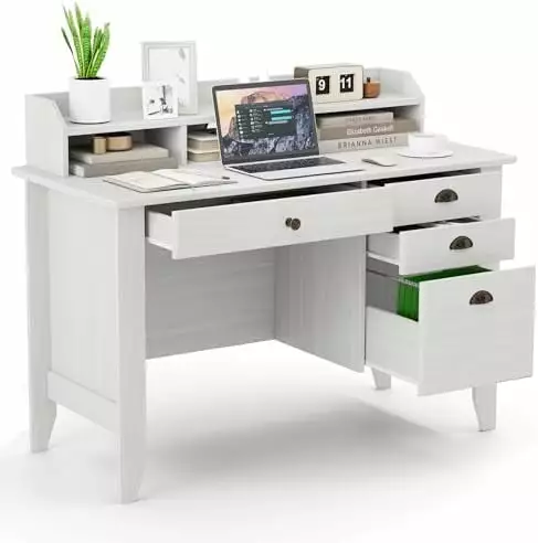 48 Inch Computer Desk 4 Storage Drawers and Hutch Wood Executive Table PC Laptop FJU
