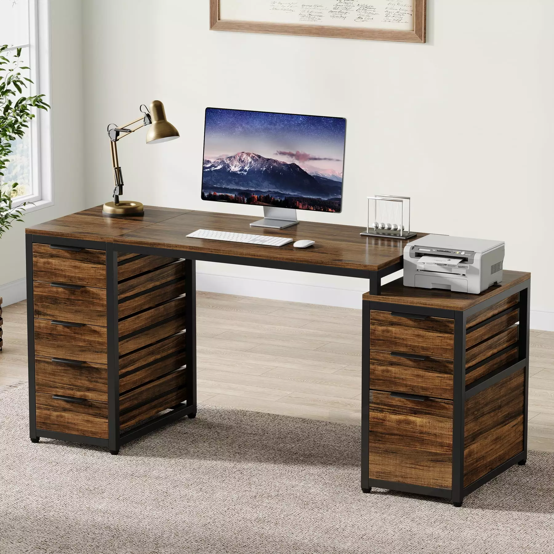 Tribesigns 63-Inch Computer Desk 8 Drawers Industrial Home Office Desk Reversible File Cabinet Storage Drawers Study Writi...