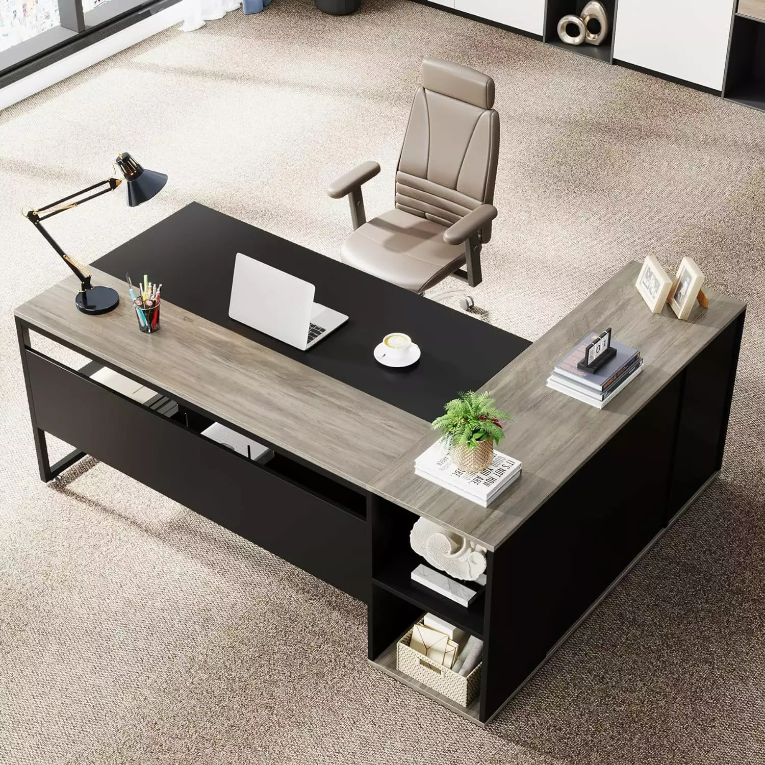 Tribesigns 71 Inch Executive Desk L Shaped Desk Cabinet Storage Executive Office Desk Shelves