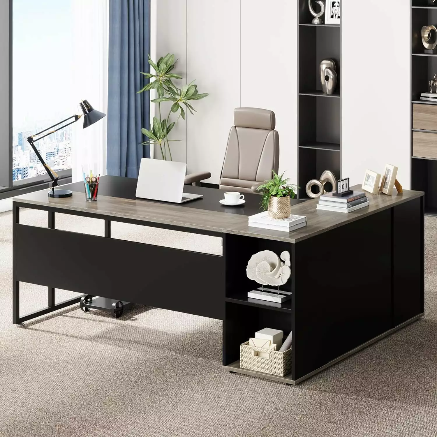 YAQININ 71 inch Executive Desk L Shaped Desk Cabinet Storage Executive Office Desk Shelves Business Furniture Desk Worksta...