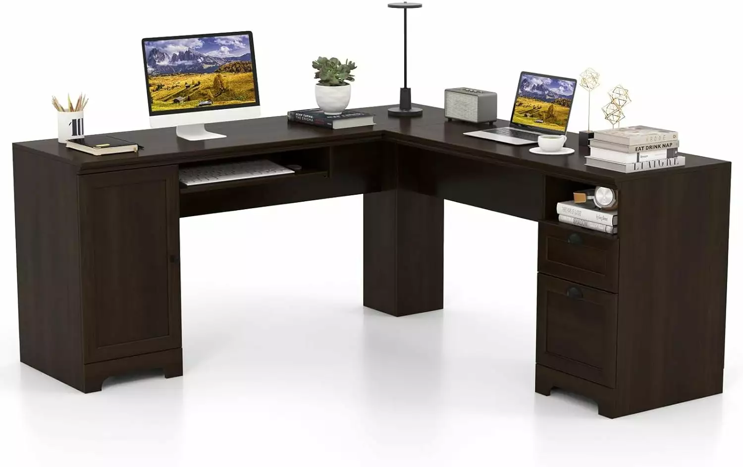 YAQININ 66 x 66 L-Shaped Office Desk Keyboard Tray Spacious Corner Computer Desk