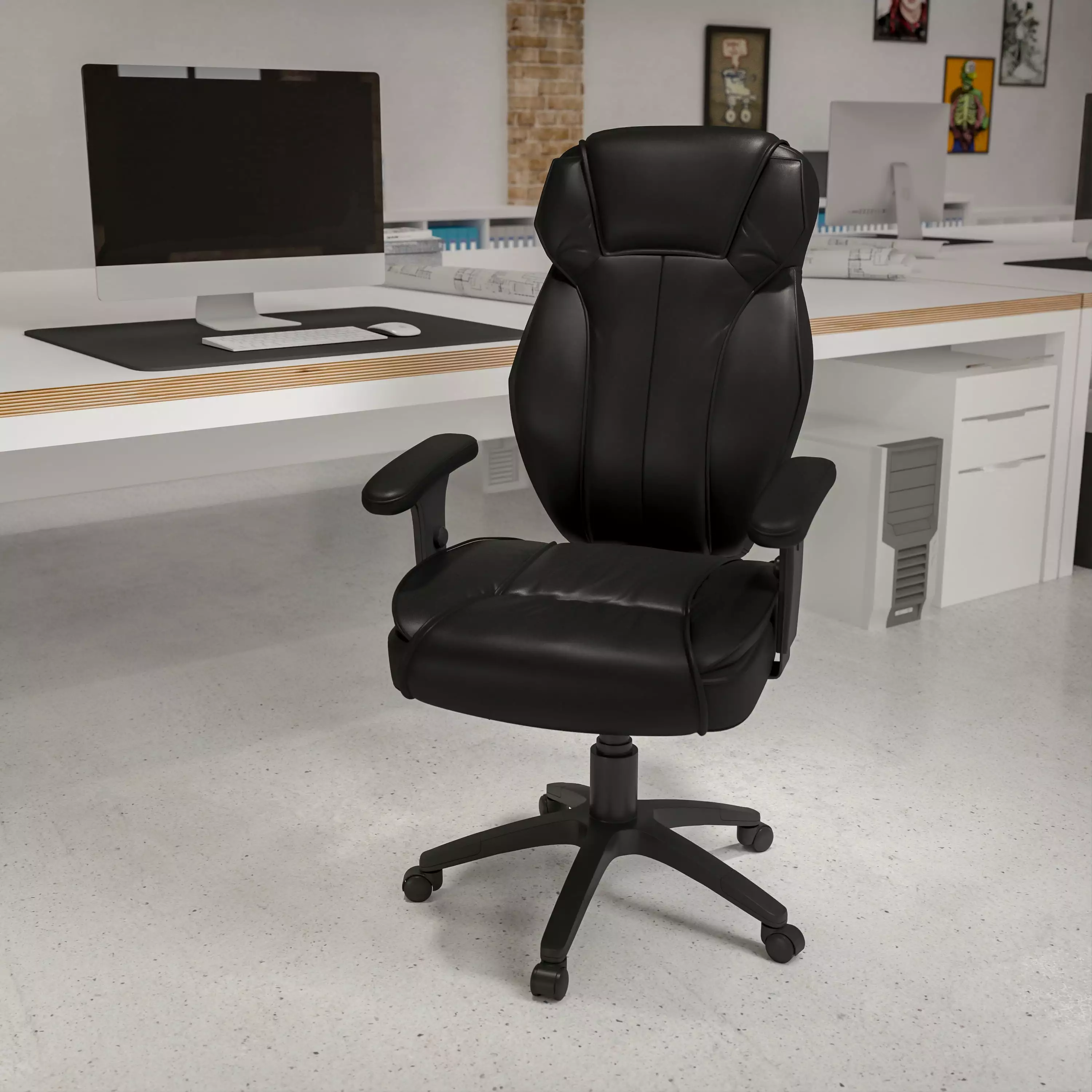 BizChair High Back Black LeatherSoft Multifunction Executive Swivel Ergonomic Office Chair Lumbar Support Knob
