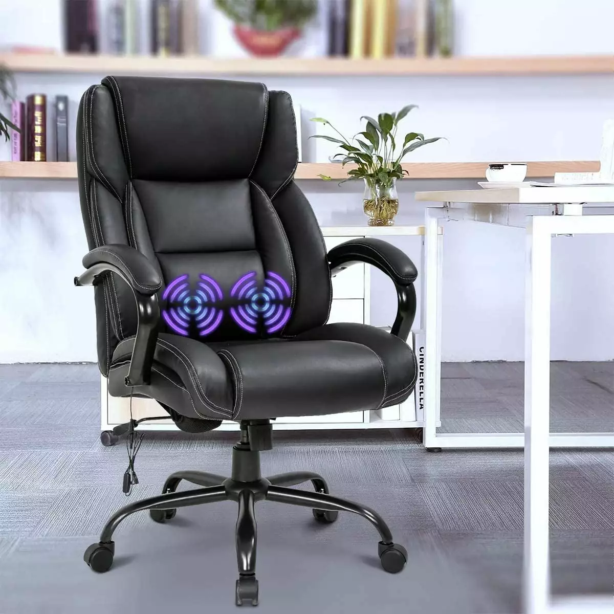 Managerial PU Leather Office Chair 500lbs Massage Computer Chair Ergonomic Wide Seat Desk Chair Heavy Duty Metal Base Dkeli