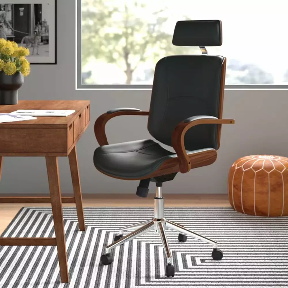 INO Design Modern High Back Walnut Wood Office Chair PU Leather and Headrest
