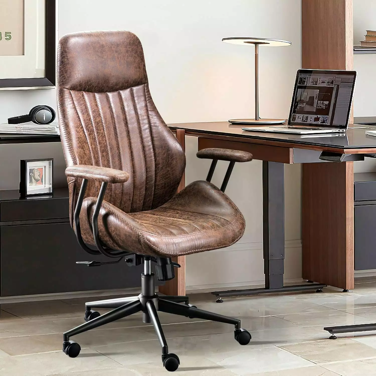 Mid Century Modern Office Chair Lumbar Support High Back Suede Leather Executive Chair Swivel Rolling Wheels Dark Brown WRP