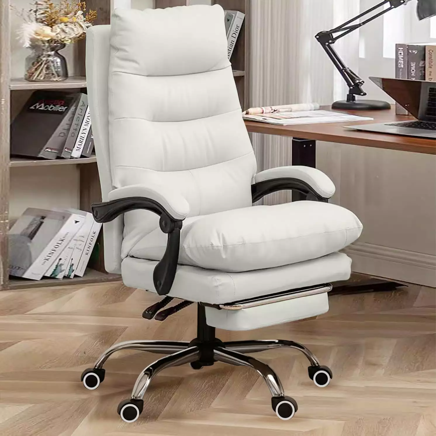 Office Chair Foot Rest Comfortable High Back Computer Gaming Chair Ergonomic Lumbar Support Executive Work Chair Cream WRP