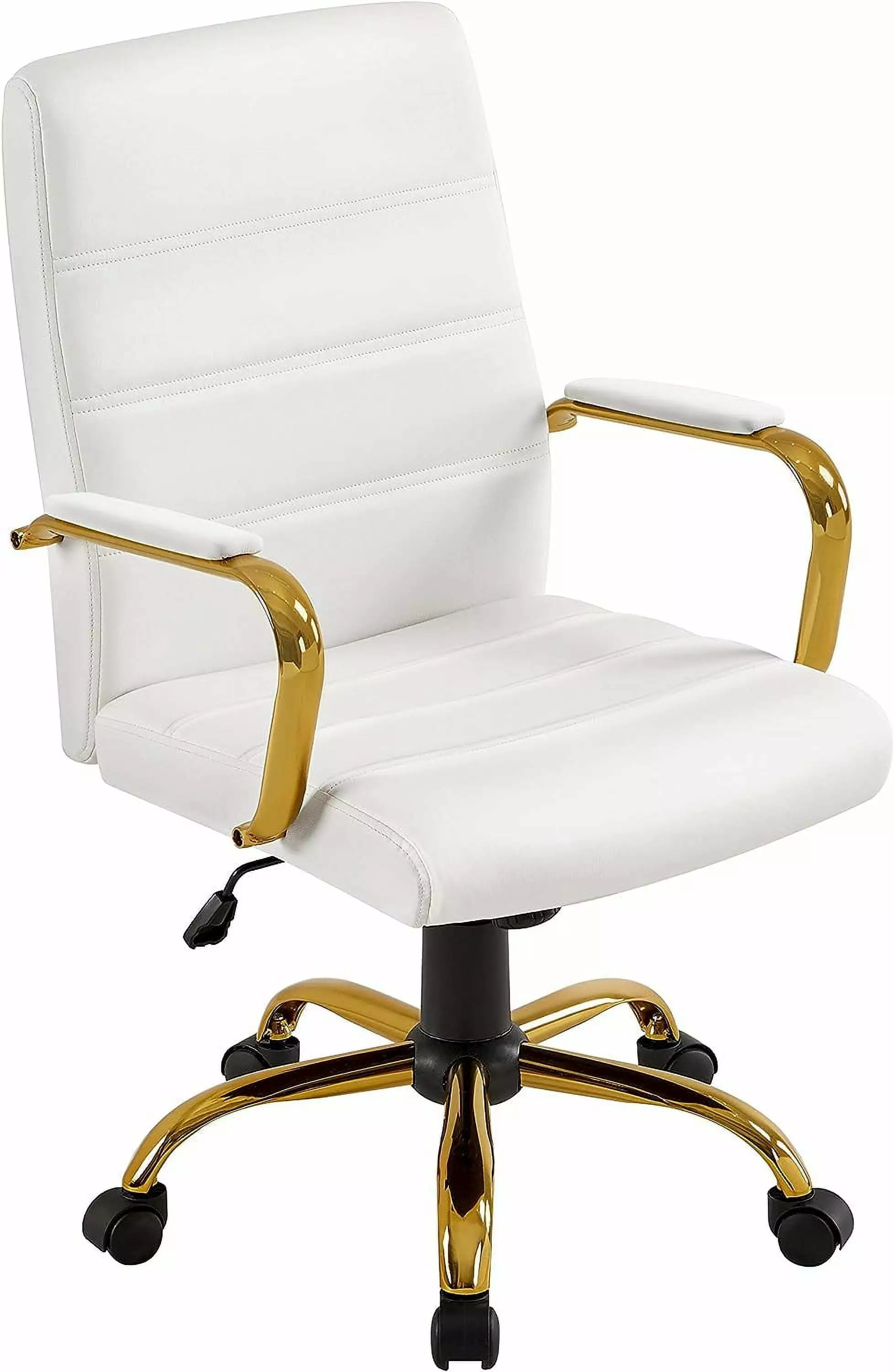 Mid-Back Office Chair PU Leather Desk Chair Adjustable Executive Task Chair Lumbar Support Gold Leg White Seat ZHJG