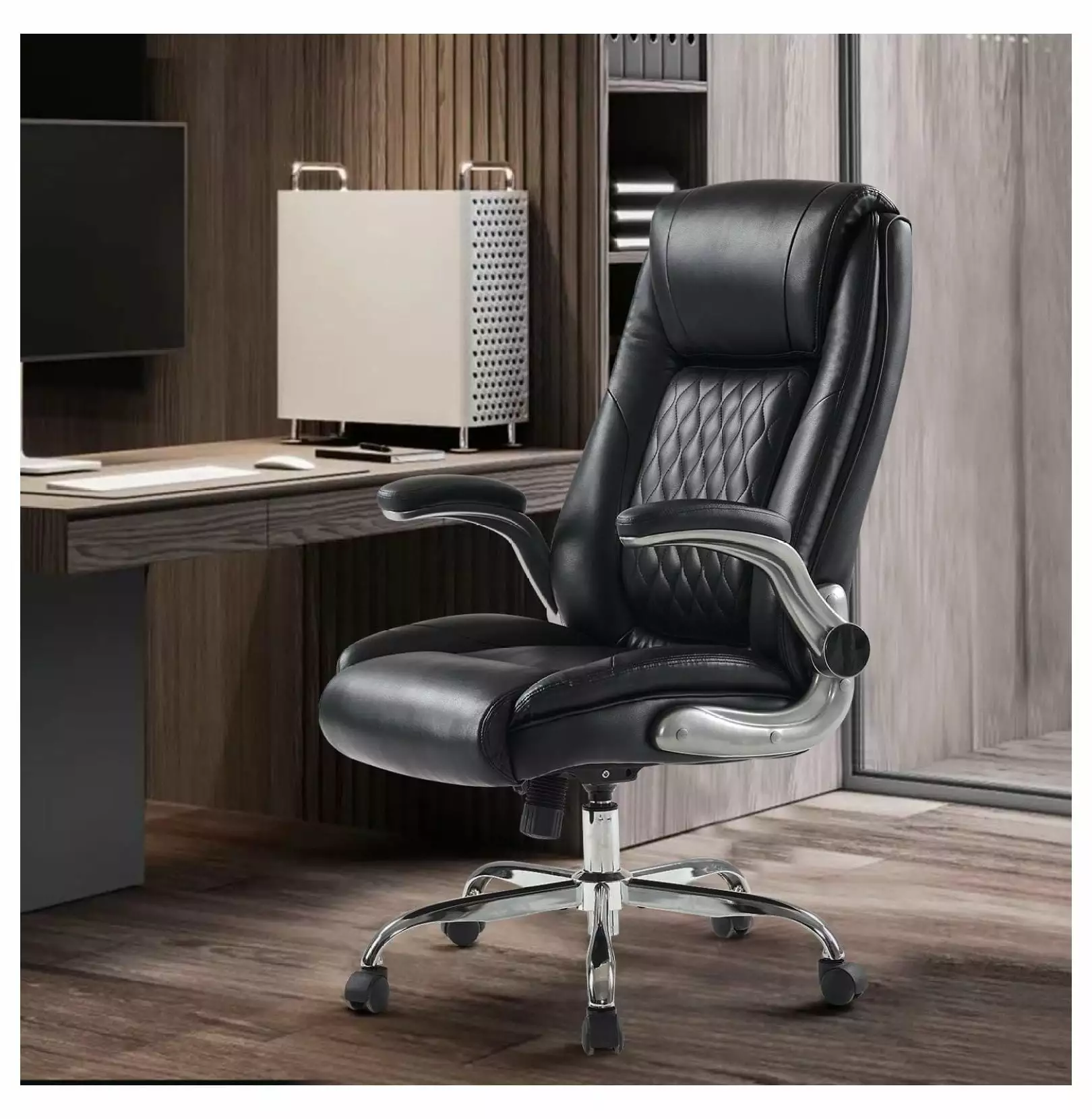 ZQRPCA Ergonomic Office Chair PU Leather Upholstery and Flip-Up Arms - Heavy Duty Executive Desk Chair