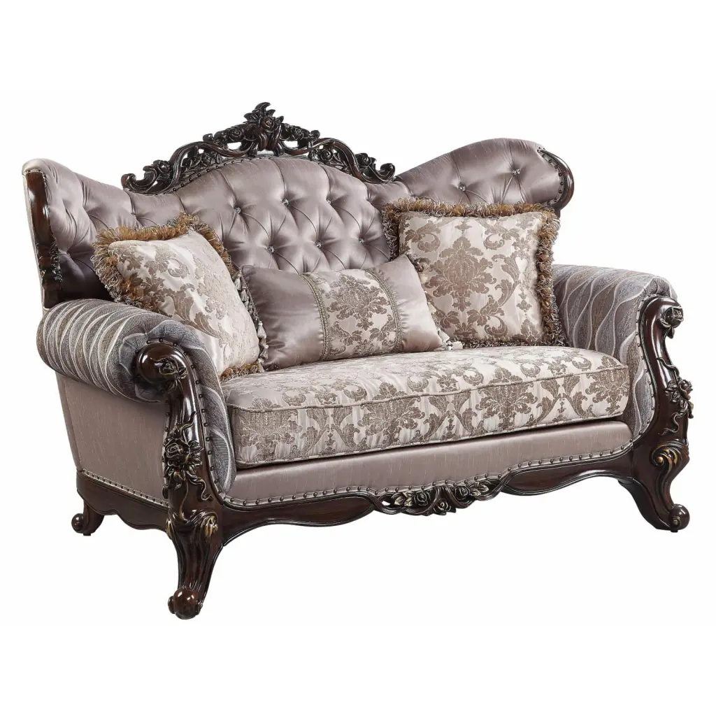 ACME Benbek Fabric Loveseat 3 Pillows Taupe and Antique Oak Finish Acme Furniture