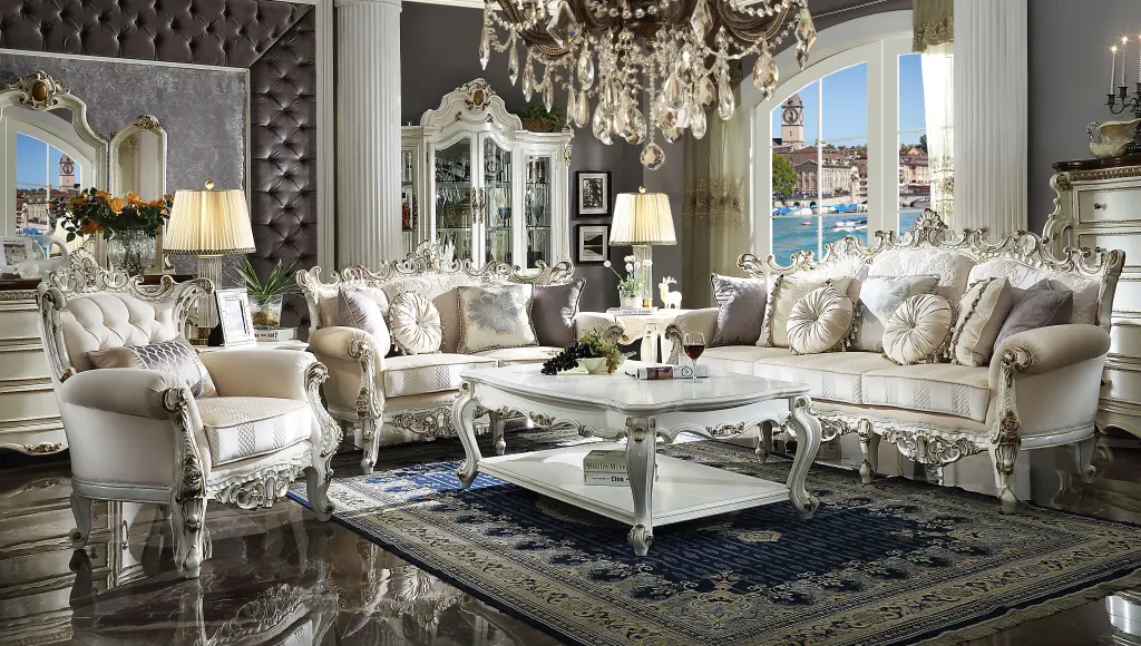 ACME Picardy II Loveseat 4 Pillows Fabric and Antique Pearl Finish Acme Furniture