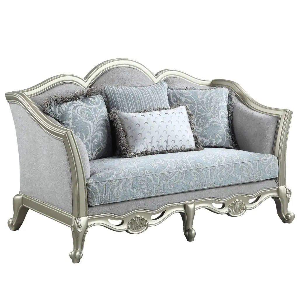 ACME Qunsia Loveseat 4 Pillows Light Gray Fabric and Champagne Finish Acme Furniture