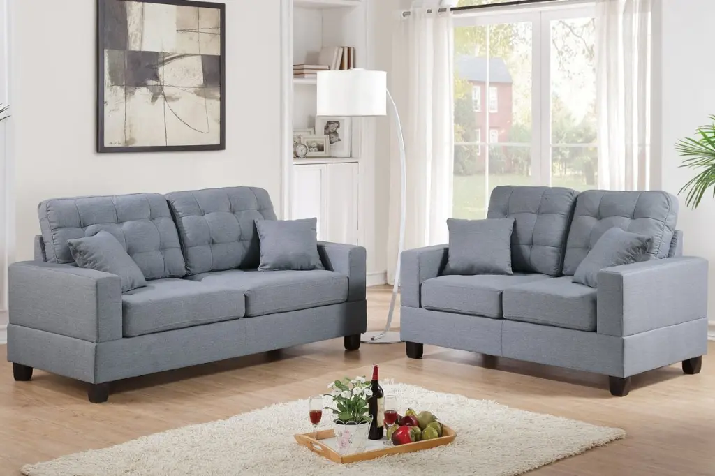2Pcs Modern Grey Linen-Like Fabric Loveseat Sofa Tufted Accent and Light Stitching Amazing Choice