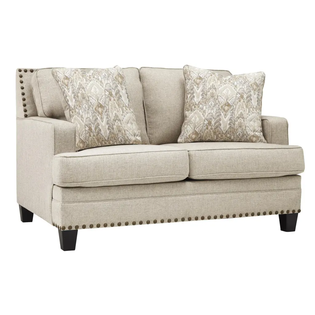 Nailhead Trim Fabric Upholstered Loveseat Track Arms Beige - Classic Design Benjara