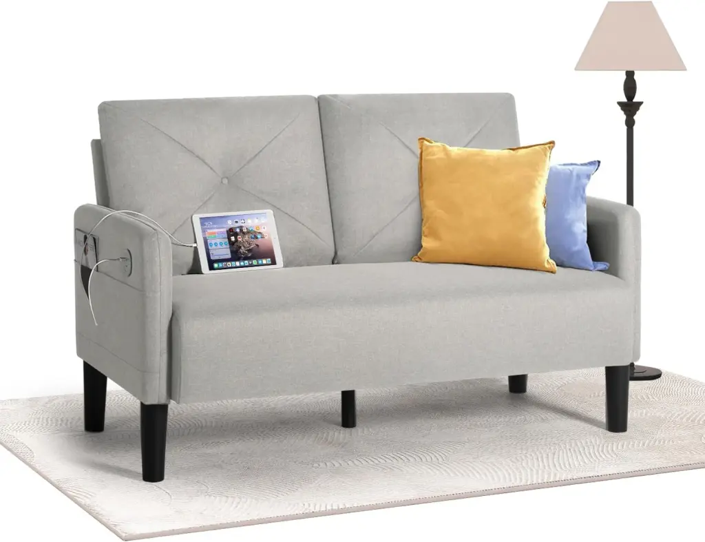 LAZZO Modern 2-Seat Comfy Loveseat Upholstered 56 W Small Sofa 2 USB Charging Ports Grey