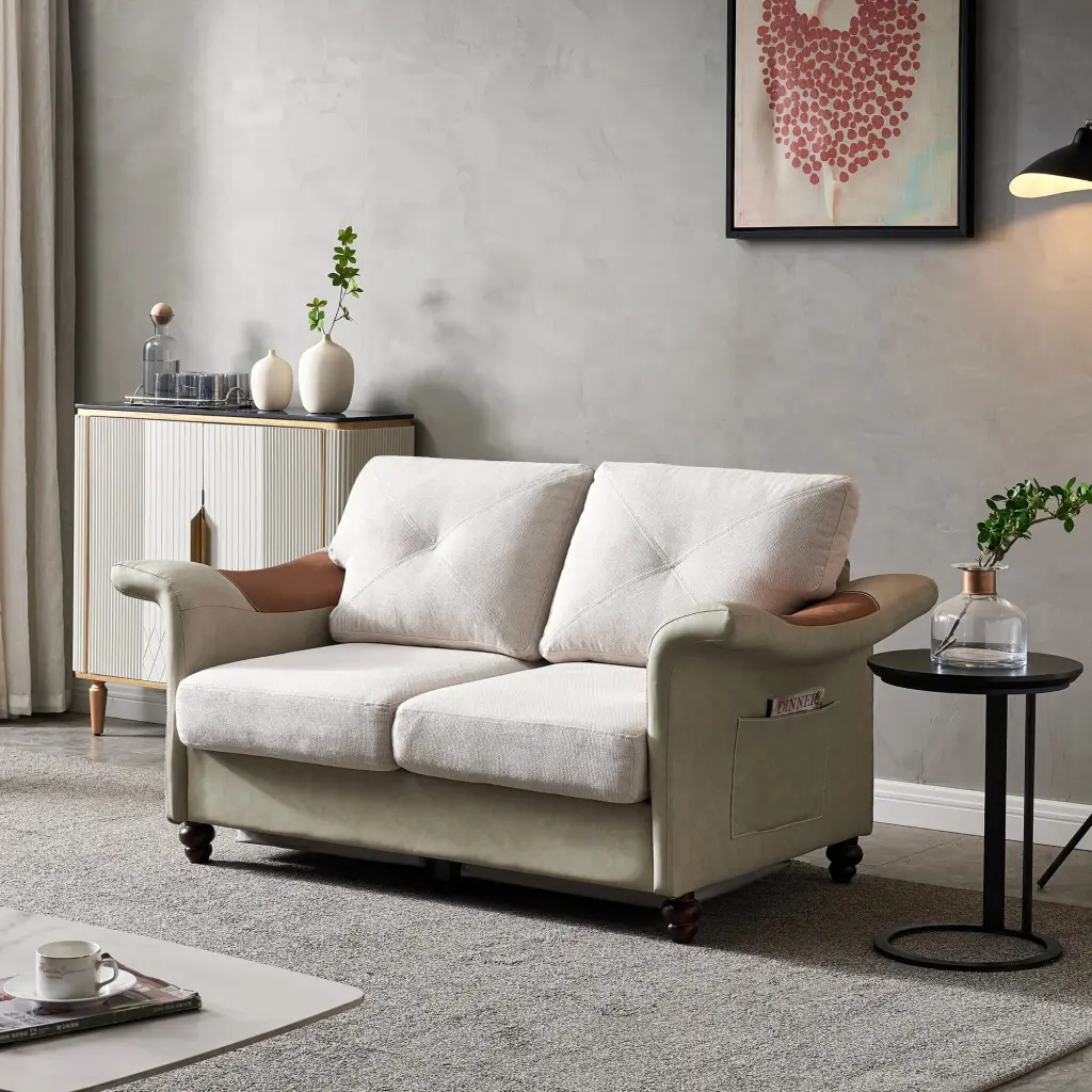Living Room Linen Fabric Faux Leather Wood Leg Love Seat Beige Miekor