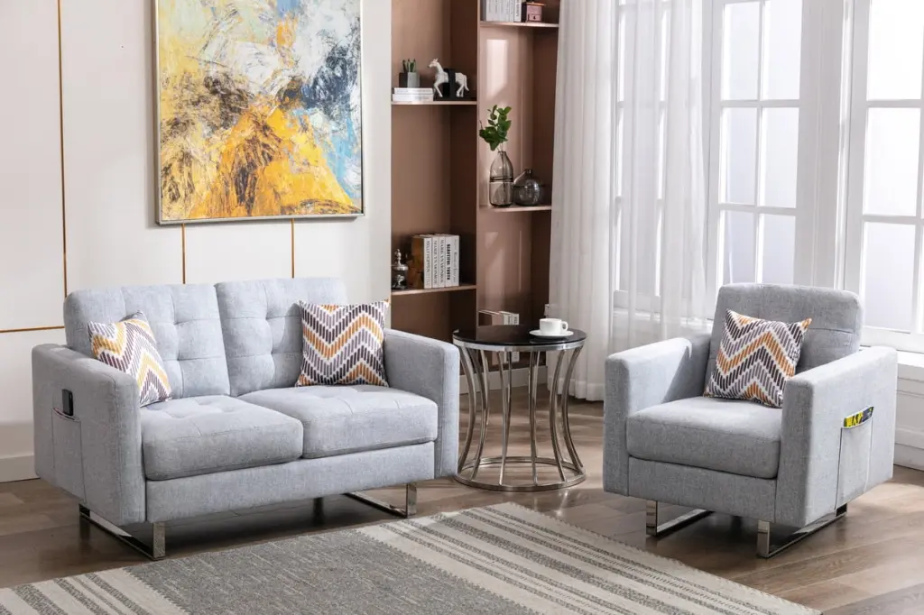 Victoria Light Gray Linen Fabric Loveseat Side Pockets and Pillows Wobythan