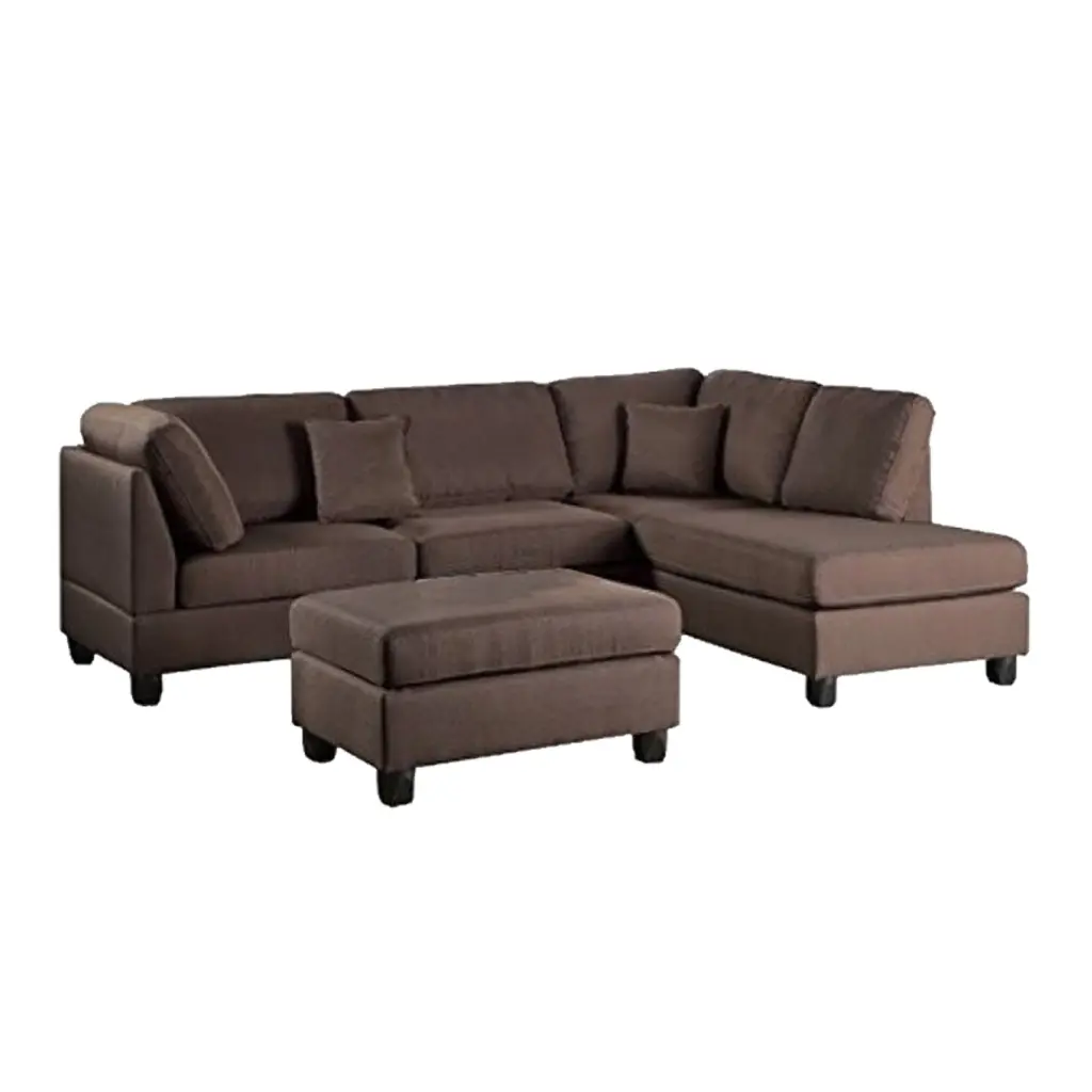 Linen Fabric 3 Piece Sectional Sofa Chocolate Brown Living Room Benzara