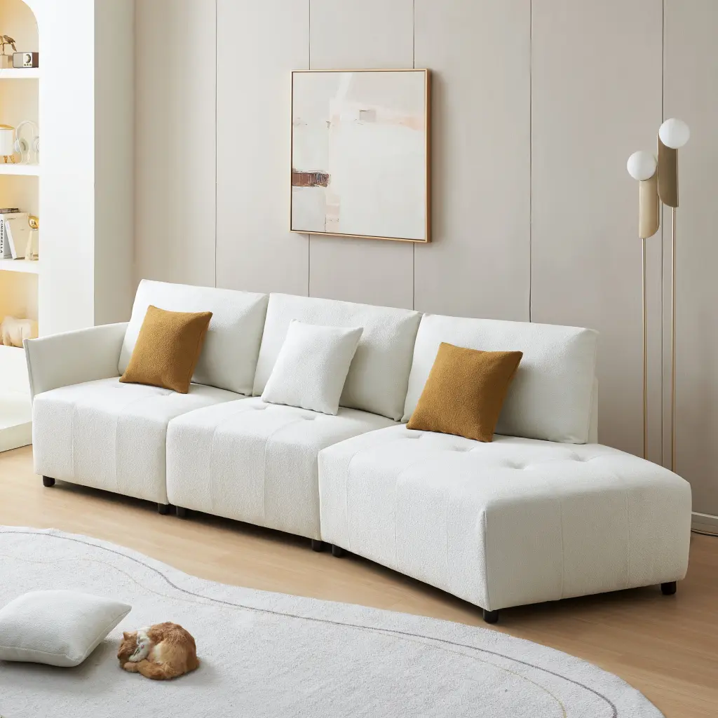 120 Inch Teddy Fabric Modular Sectional Sofa Button Tufted Seat Cushion Beige COSYMART