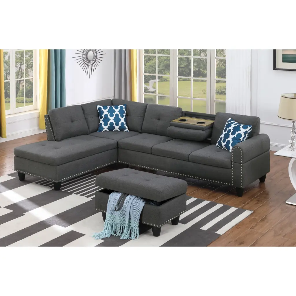 Devion Furniture Polyester Fabric Sectional Sofa Ottoman Gray Soft and Spacious