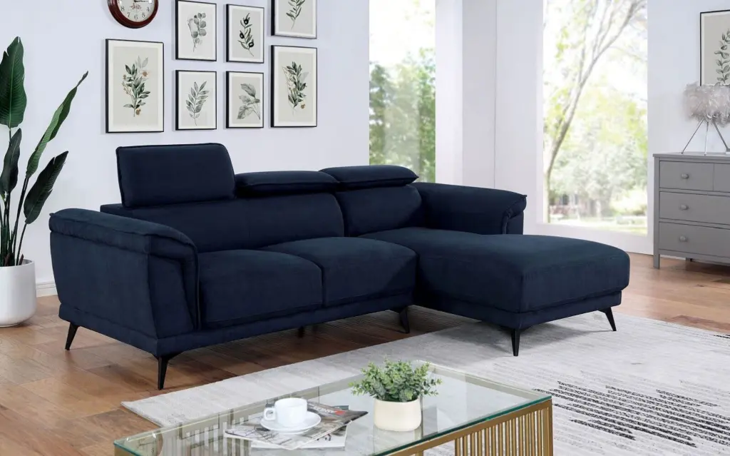 Navy Fabric Right Chaise and Left 2-Seater Sofa Sectional Set Coil Spring Seat Cushions and Steel Legs Esofastore