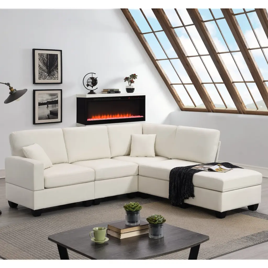 Modern 5 Seat Modular Sectional Sofa Set Convertible Ottoman L Shape Linen Fabric Corner Couch Living Room Ghislaine