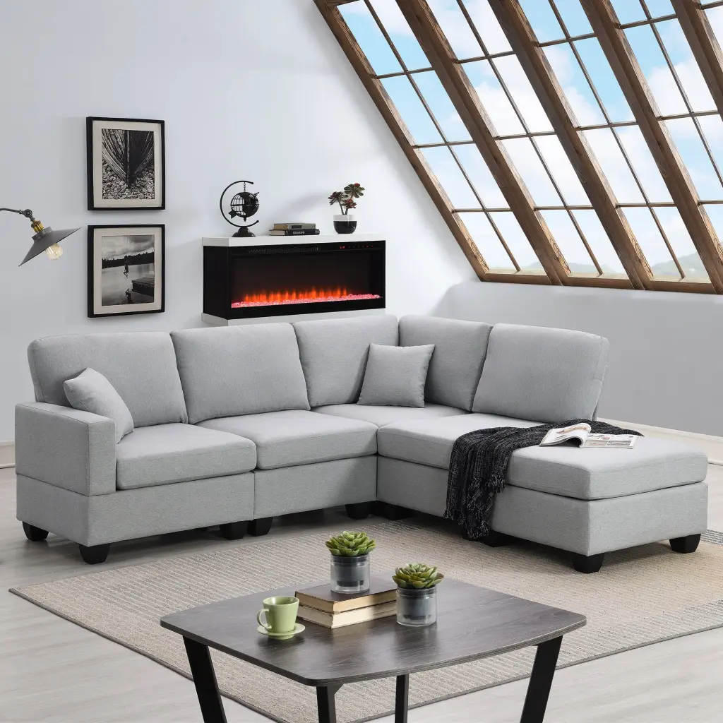 Modern 5 Seat Modular Sectional Sofa Set Convertible Ottoman L Shape Linen Fabric Corner Couch Living Room Ghislaine