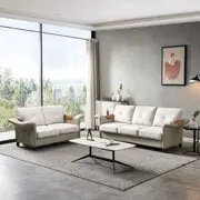 Beige Linen Fabric Faux Leather Sectional Sofa Wood Legs - 2+3 Seater Living Room Furniture IM Lashes