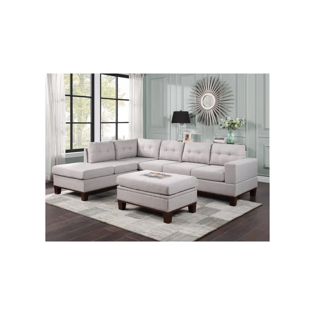 Hilo Light Gray Fabric Reversible Sectional Sofa Cupholder Storage Ottoman Lilola Home