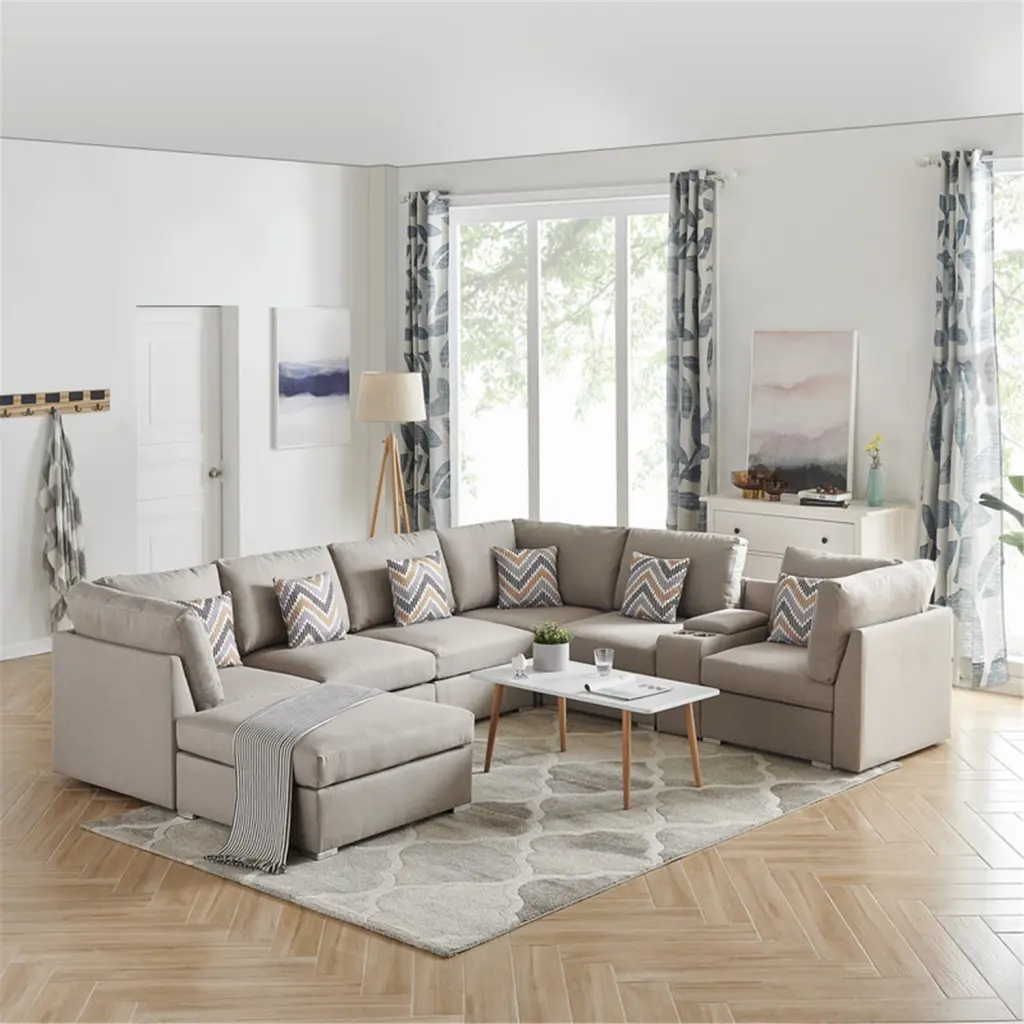 Maykoosh Medieval Moods Beige Fabric Modular Sectional Sofa USB Console and Ottoman