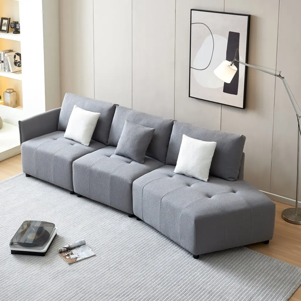 Miekor Furniture 120'' Beige Teddy Fabric Modular Sectional Couch - Button Tufted Comfort