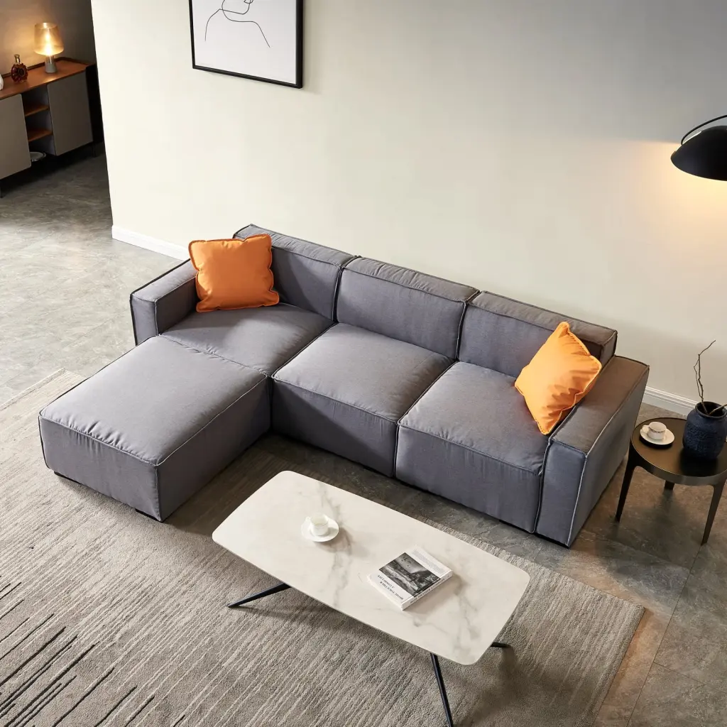 Spacious Dark Grey L Shape Modular Sofa Convertible Ottoman Chaise Durable Linen Fabric Modern Living Spaces Ponnky
