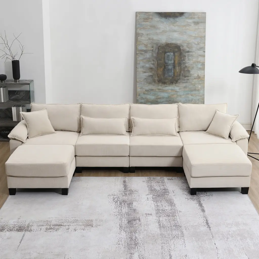 Versatile Beige Corduroy Modular Sectional Sofa U Shaped Couch Armrest Bags Living Room Ponnky