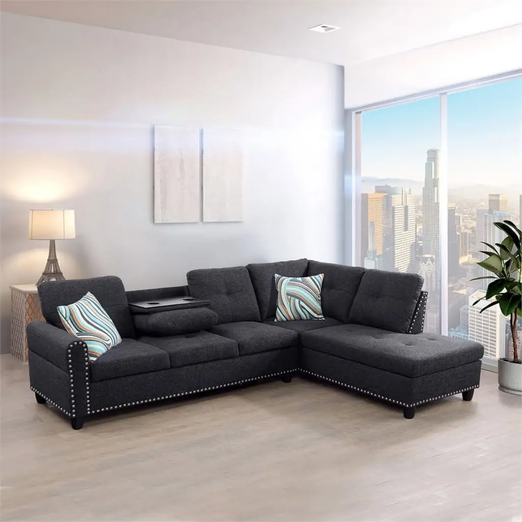 Star Home Living Victor Linen Fabric Sectional Sofa Black Gray Modern Design