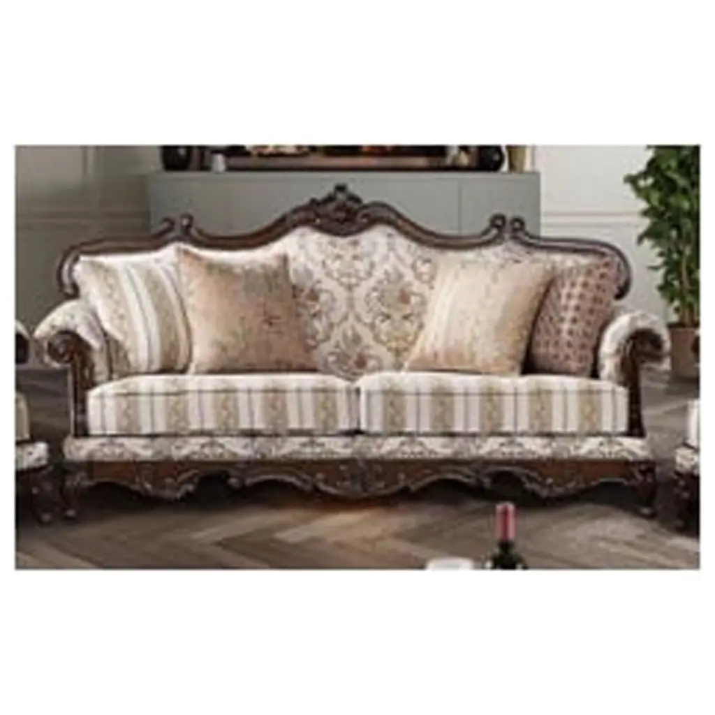 ACME Nayla Fabric Floral Upholstered Rolled Arms Sofa 4 Pillows Walnut - Vintage Style Sofa Acme Furniture