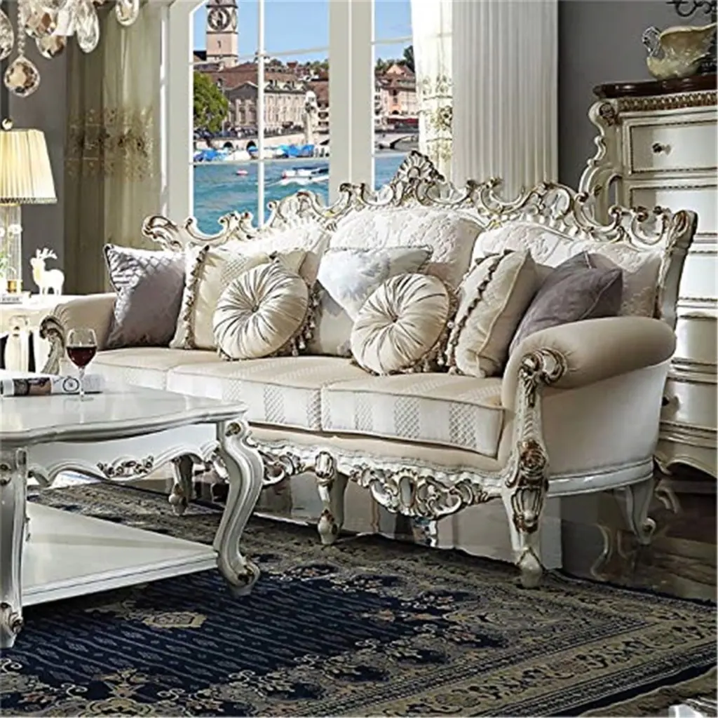 ACME Picardy II Fabric Upholstered Sofa 7 Pillows Antique Pearl - Comfortable Living Room Sofa Acme Furniture
