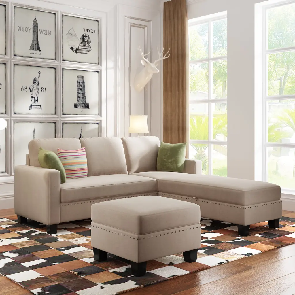 81.1x76.3x35 Nailheaded Textured Fabric 3 Piece Sofa Set L Sectional Sofa Ottoman Reversible Storage Chaise Warm Grey Anself