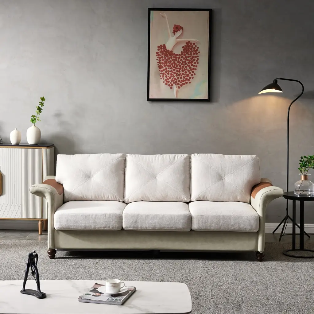 Beige Living Room Sofa Linen Fabric Faux Leather Solid Wood and Metal Structure HATNOKIL