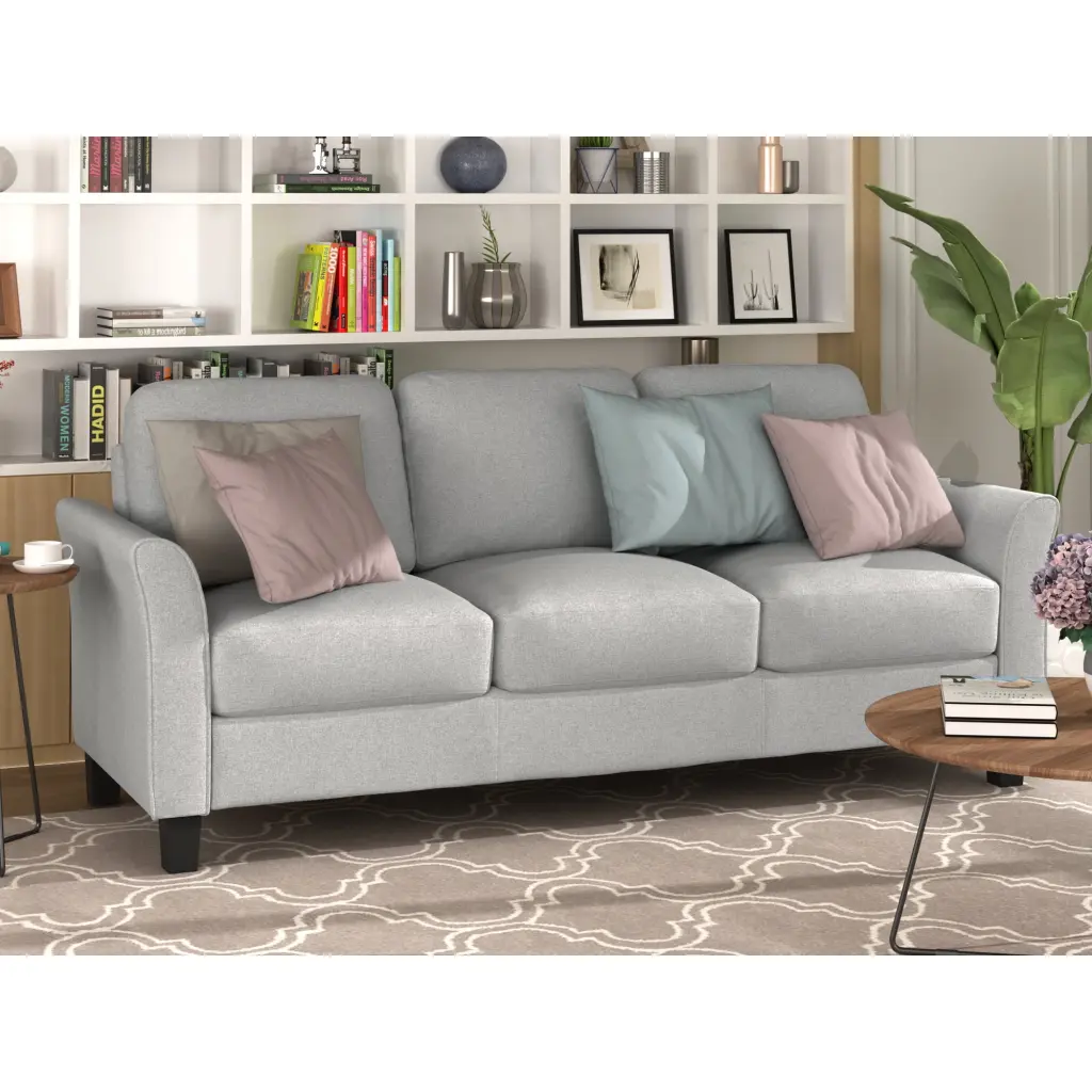 3-Seat Sofa Living Room Linen Fabric Sofa Light Gray Modern Homes Miekor