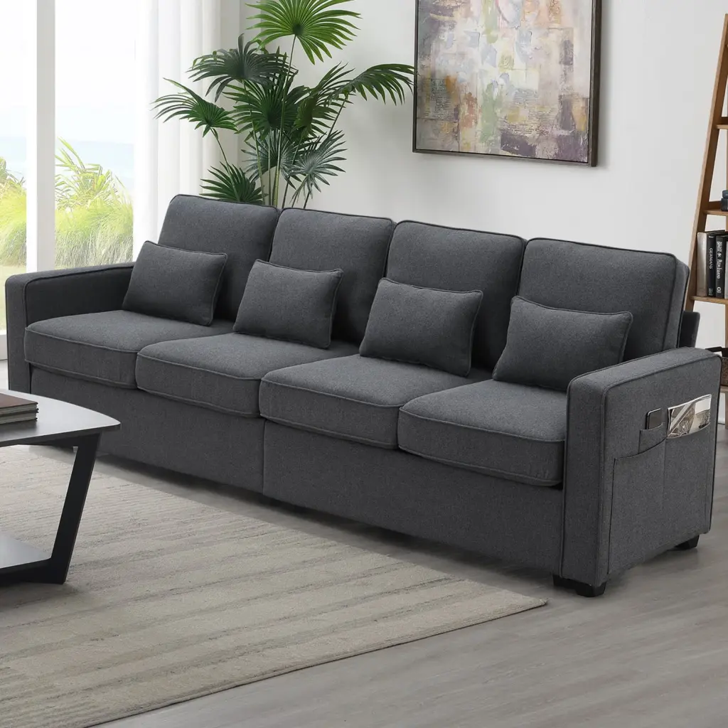 Dark Grey 4-Seater Linen Fabric Sofa Storage Pockets and 4 Pillows Living Room or Office Ponnky