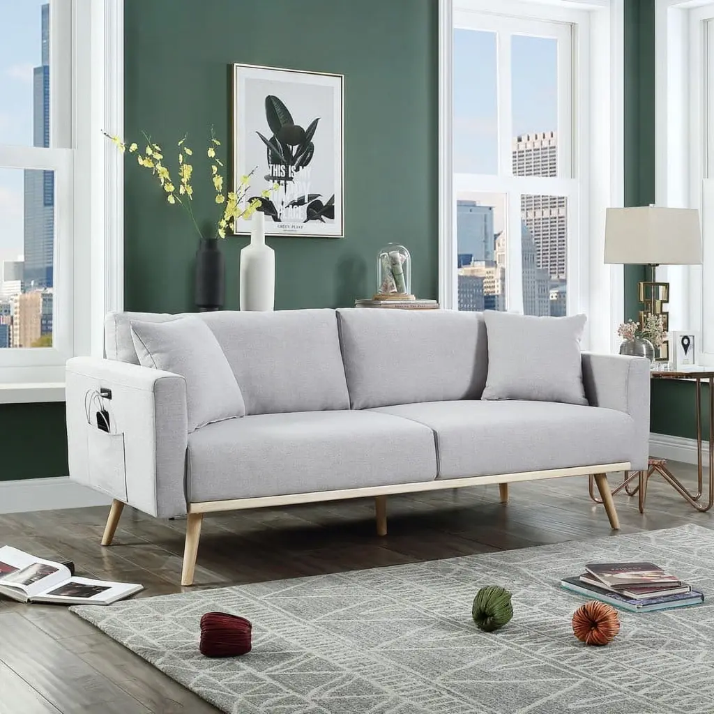 Easton Light Gray Linen Fabric Sofa USB Charging Ports and Pockets SSJL