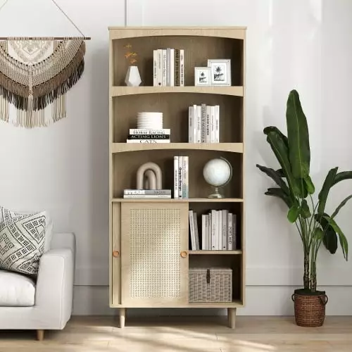 Rattan Boho 5-Tier Bookcase Doors Farmhouse Bookshelf Living Room Bedroom KSIN LEUE