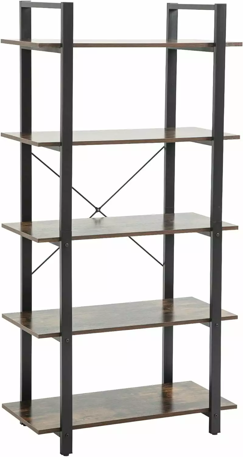 5 Tier Bookshelf Wood and Metal Bookcase Adjustable Feet Farmhouse Storage Shelf SEALODY