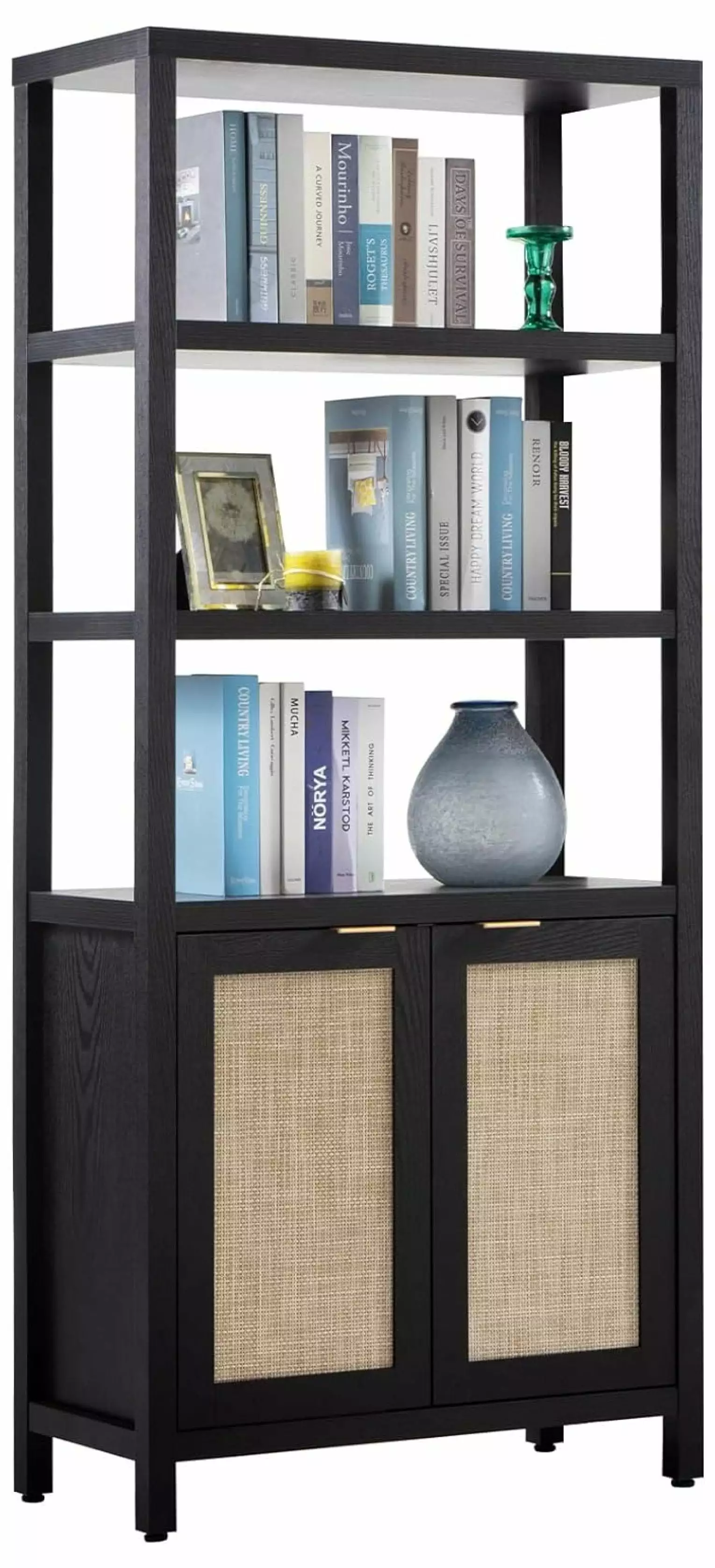 Black Rattan Boho 5 Tier Bookshelf Doors Farmhouse Bookcase Living Room Bedroom Yunwen