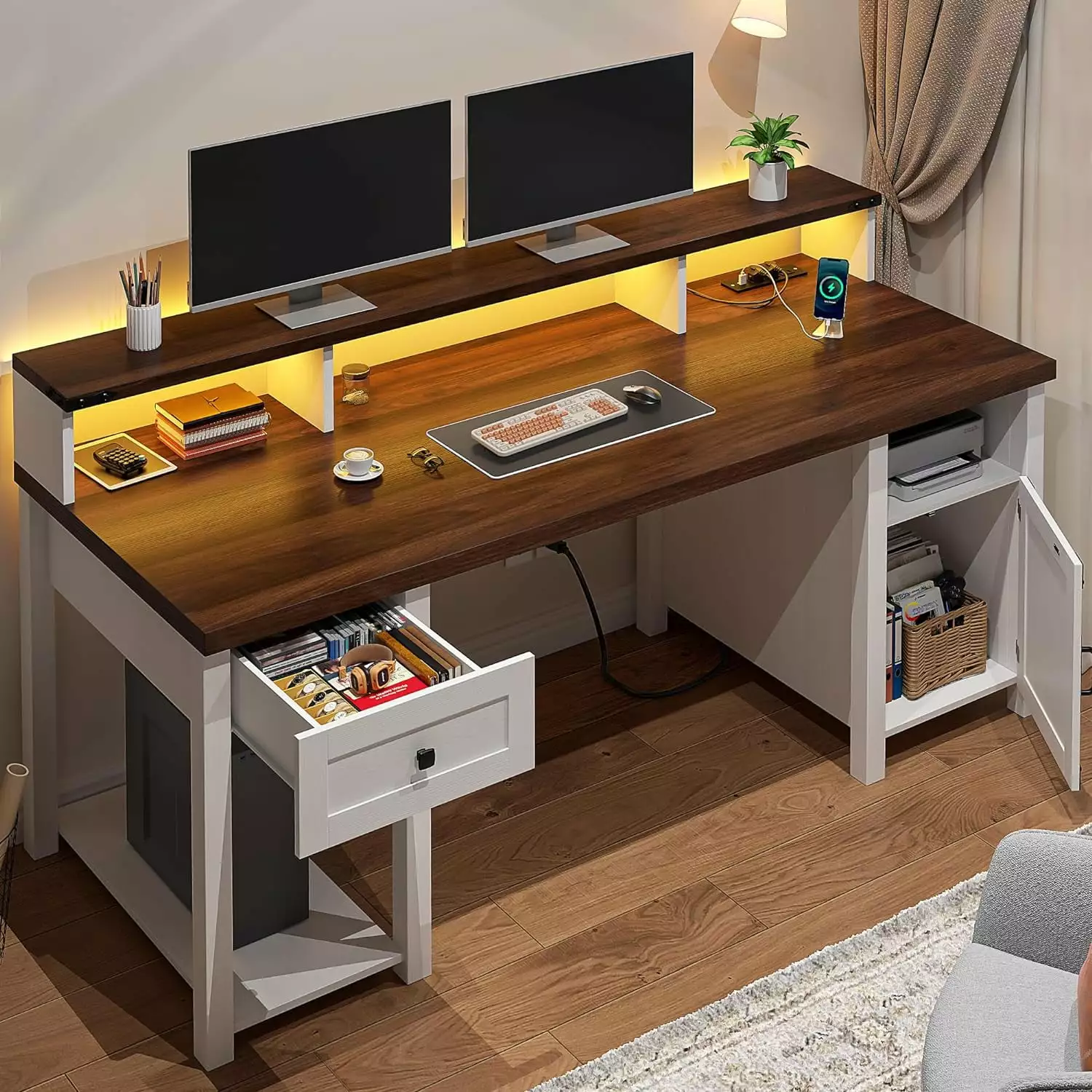 55 Inch Farmhouse Computer Desk Drawers Power Outlets and Storage Cabinet BIZFURN