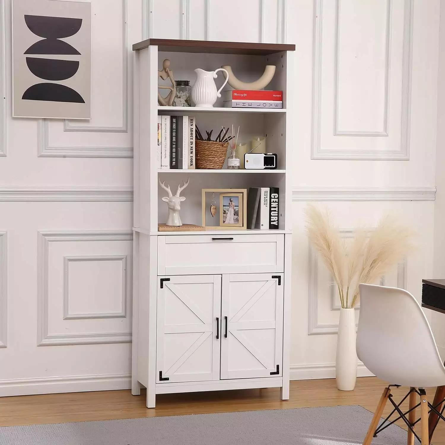 ATENOW 6 Tier Farmhouse Bookshelf Doors and 1 Drawer - Adjustable Shelves White