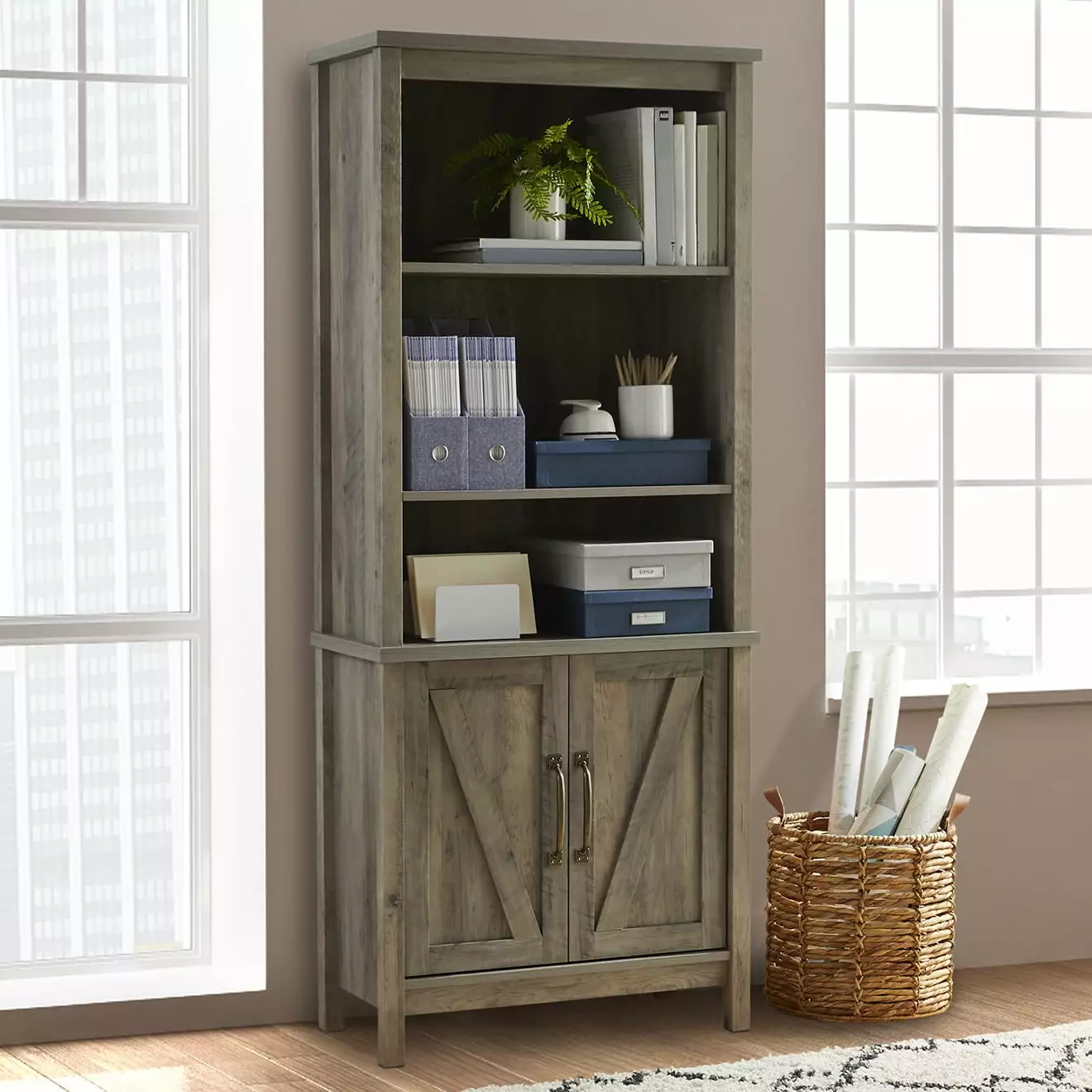 Better Homes & Gardens Modern Farmhouse 5 Shelf Library Bookcase Doors Rustic Gray