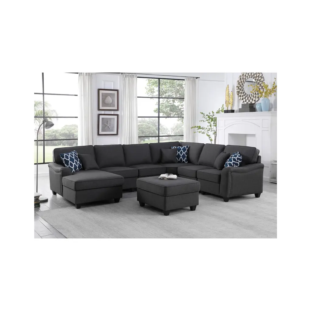 Maykoosh Farmhouse Fresh 7Pc Modular L-Shape Sectional Sofa Chaise Ottoman Dark Gray Linen