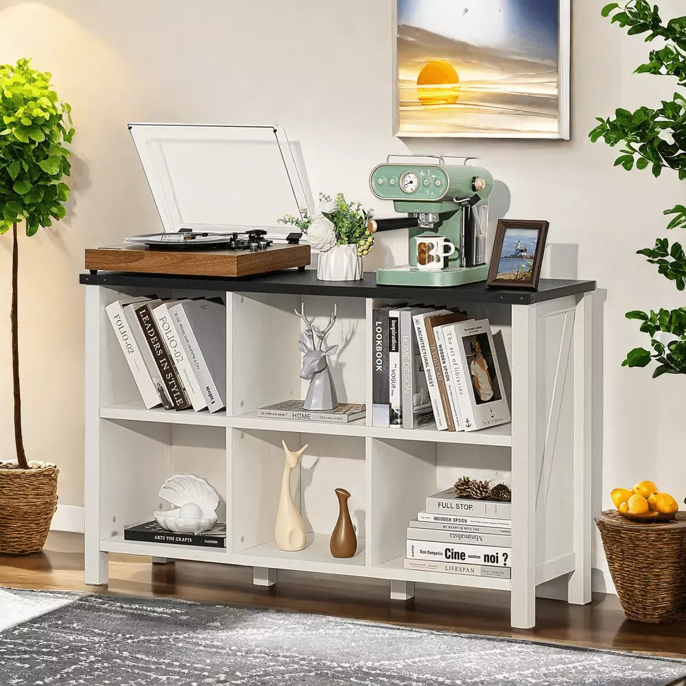 MIDODO 6 Cube Bookcase Farmhouse Wood Low Storage Organizer 47 Console Shelf